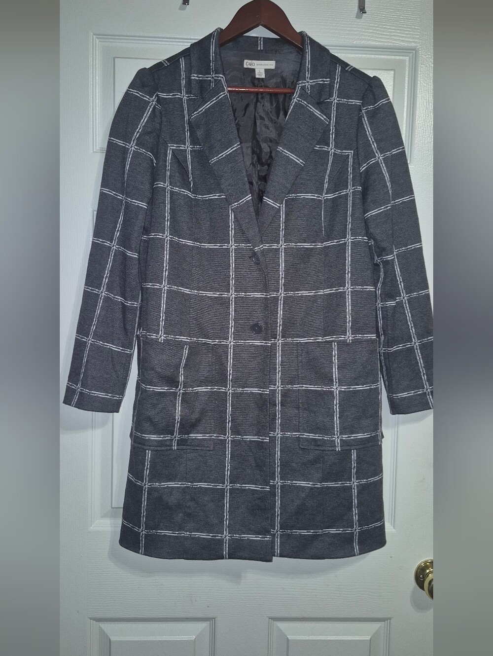 Cato Charcoal Gray Windowpane Single-Breasted Trench Coat